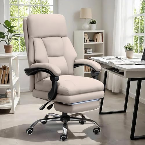 XUEGW Bürostuhl, höhenverstellbar, Chefsessel mit Fußstütze, bequemer Computerstuhl, hohe Rückenlehne, ergonomisch, Leder, Bürostühle