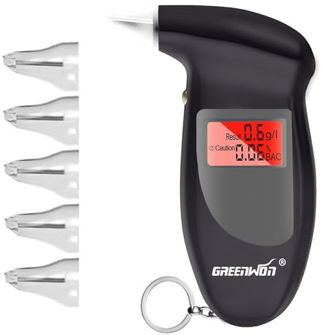 GREENWON Battery Powered Breathalyzer Keychain Digital Alcohol Tester Detector Breath Analyzer Audible Alert Portable with LCD Display and Replacement Mouthpiece Personal Use