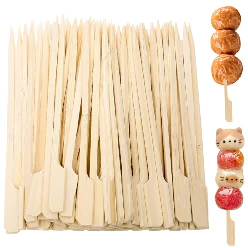 Lanjue 300 Pack Bamboo Paddle Skewers 12 cm for BBQ, Fruit & Party | Bamboo, Smooth Polished Finish, Pointed Tips, Easy-Grip Paddle Handle, Reusable for BBQ, Buffet and Cocktails