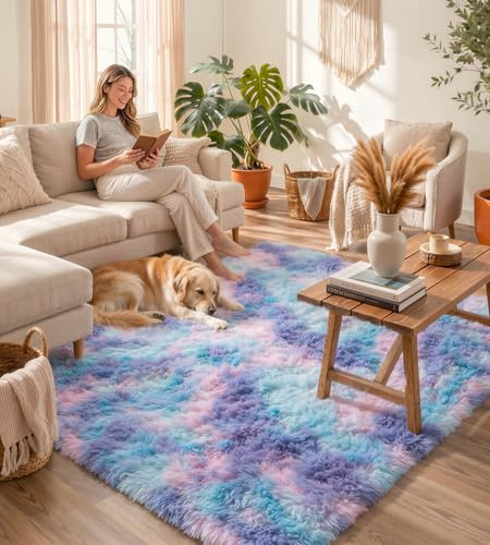 VOFUSHON Teppich Wohnzimmer Blau-Violett 120x160 cm | Hochflor, Waschbar, OEKO-TEX Zertifiziert, 35D Rückprallschaum, Schlafzimmer, Rutschfeste Unterseite, Flauschig