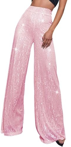 Pailletten Schlaghose für Damen Glitzerhose mit Hoher Taille Weites Bein Extra Lang Freizeithose Palazzo Stil Pailettenhose für Hip-Hop Streetwear, Disco Clubwear Kostü