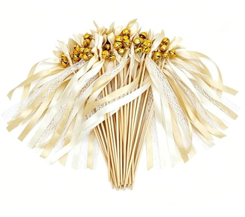 30 Stück Wedding Wands Hochzeit mit Spitzen und Glöckchen Beige | Romantische Standesamt Deko mit Satinbändern für Spalier, Auszug, Trauung und Festlichen Empfang
