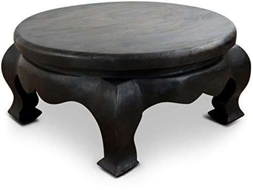 livasia Opiumtisch aus Massivholz – Ø50cm, 24cm hoch – Handgeschnitzter Beistelltisch Holz aus Thailand, Nachhaltig, Robust und Ästhetisch, Setzt Dekorative Akzente als Sofatisch (Schwarz)