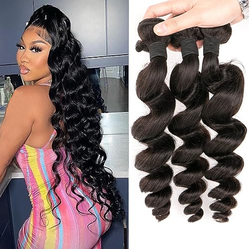 Cabello humano 10 A, cabello humano suelto, 3 mechones, cabello humano brasileño, 50 cm, ondas sueltas, 100 % sin tratar, pelo humano largo suelto