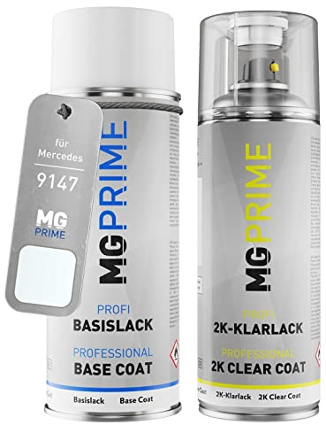 MG PRIME Autolack Set Spraydose für Mercedes 9147/147 Arktikweiss +2K | Arctic White, Set aus Basislack + 2K Klarlack, Sprühdosen 400ml