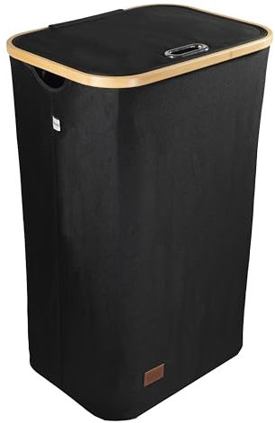 WendyNest® Cesto Portabiancheria 100L con Coperchio – Contenitore Panni Sporchi con Sacca Estraibile, Manici in Bambù e Tasca Laterale – Cesto panni Elegante e Salvaspazio per Casa – Nero