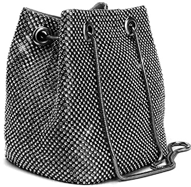 Women's Evening Bag- Upgraded Larger Size Full Rhinestones Bucket Bag Shining Crossbody Bag Shoulder Bag for Party Wedding Date Night (Large (7.9''x7.9‘’x5.1''), Black)