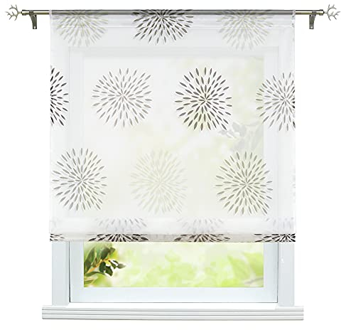 ESLIR Raffrollo Küche Raffgardine mit Tunnelzug Bändchenrollo Voile Gardinen Transparent Vorhänge Kreis-Motiven Modern Braun BxH 140x140cm 1 Stück