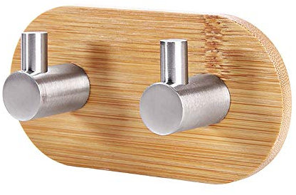 Klebehaken aus Bambusholz mit Metallhaken, selbstklebend, aus Holz, für Kleider, Mantel, Handtuch, Haken, Verwendung in Badezimmer, Schlafzimmer, Küche (Doppelhaken)