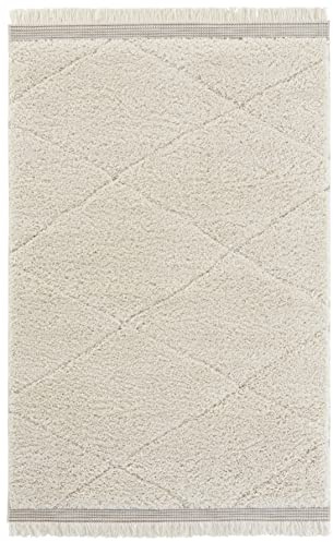 Mint Rugs Danaki Teppich Hochflor Wohnzimmer-Teppich Fransen Weich Flauschig Langflor Shaggy Flokati Skandi Rauten Muster für Küche Flur oder Schlafzimmer Hoch-Tief Struktur Creme 80x150 cm