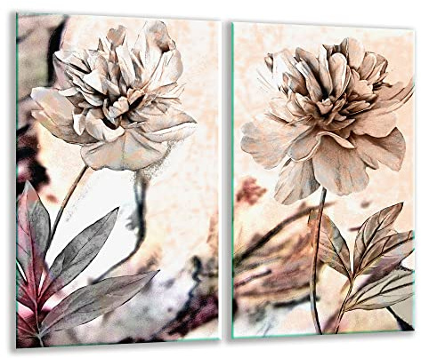 TMK | Herdabdeckplatten ceranfeld 2 Teilig 30x52 cm | Ceranfeldabdeckung Küche Elektroherd Induktion | Herdschutz Spritzschutz | Glasplatte Schneidebrett | Blumen