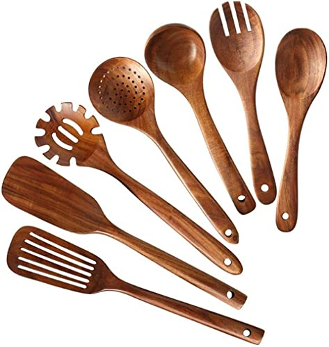 Set d'Ustensiles de Cusine Professionnel Ensemble d'ustensiles de Cuisine en Bois, cuillères en Bois for Cuisiner Ensemble de spatules de Cuisine en Bois de Teck Naturel for y Compris Le Paquet de 7
