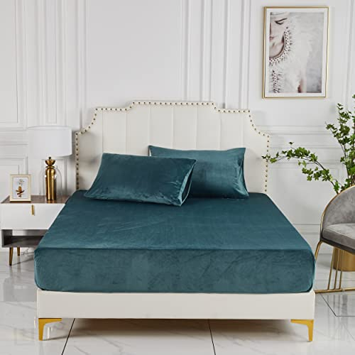 Damier Plüsch Spannbettlaken 180x200x30cm Petrol Blau Winter Warme Flauschige Bettlaken Cashmere Touch Spannbetttuch Geeignet für 30cm Matratze