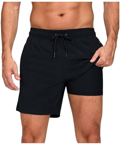 outfit spring Bañador Hombre Secado Rápido con Bolsillo, Pantalones Cortos de Natación 2 en 1 con Forro de Compresión, Bañadores Deportivos para Playa, Piscina y Entrenamiento, C0 Negro, S