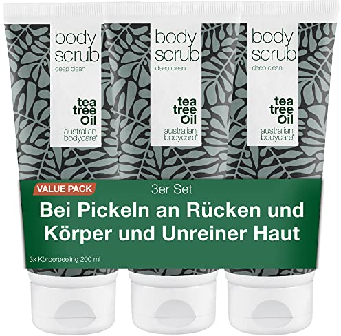 3x Körperpeeling 200ml mit Teebaumöl | Gegen Pickel, unreine Haut, eingewachsene Haare, Reibeisenhaut und Erdbeerbeine | 100% natürlich und vegan | Dermatologisch getestet