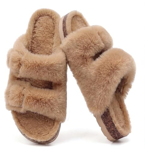 KIDMI Fuzzy Slippers Women with Cork Footbed Fluffy Slides Open Toe Indoor House Shoes | Arch Support | Adjustable Buckles, Khaki 8-8.5