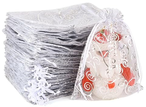 MAOOY 100PCS Silbrig Organzasäckchen, 15X20cm Druck Organzabeutel，Organza Säckchen mit Kordelzug,Geschenktüten Schmuckbeutel für Hochzeit Geburtstag Party,Wiederverwendbar Geschenksäckchen