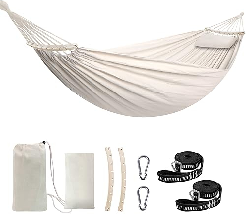 Chihee Hängematte aus Baumwolle Große,weiche,atmungsaktive Camping-Hängematten Hält bis zu 300kg Tragbare Baum-Hängematte mit abnehmbarem Spreizstab Kopfkissen 2 Starke Gurtbänder 2 Karabinerhaken