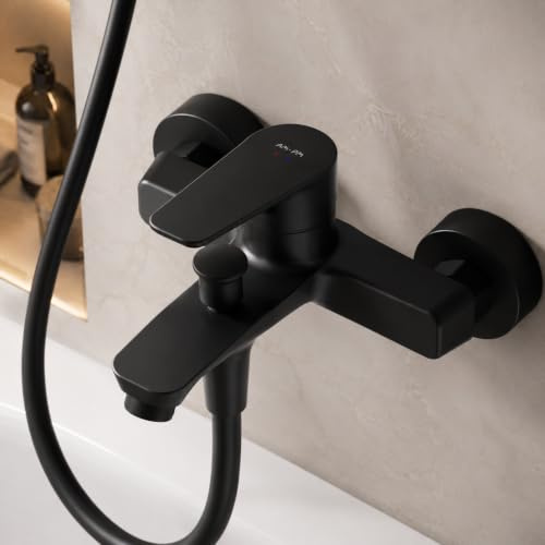 Badewannenarmatur Schwarz Matt mit Auslauf, Mischbatterie Badewanne, Brausebatterie Wanne, Einhand-Wannenbatterie für Badewanne und Dusche, Badezimmer Armatur, AM.PM Hit FTA10022