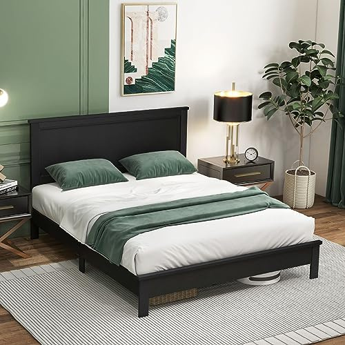Giantex Wood Full Platform Bed Frame with Headboard, Mid Century Bed Frame with Solid Wood Legs & Wooden Slat Support, Pallet Bed Mattress Foundation, No Box Spring Needed, Black
