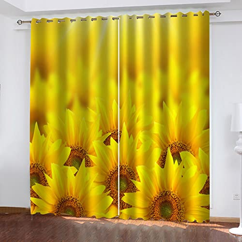 SATUSA Vorhänge Wohnzimmer Blickdicht Gardinen Verdunkelungsvorhang Schlafzimmer Kinderzimmer Thermovorhang Fensterdekoration 3D Gelbe Sonnenblume Muster Ösenschal 2Er Set 234X230Cm