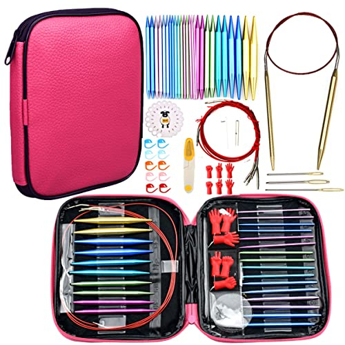 ONBAGLST 57pcs Aluminium Rundstricknadeln Set mit ergonomischen Griffen, 13 Größe austauschbare Häkelnadeln mit Aufbewahrungsbox für kleine Projekte
