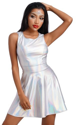 Damen Metallic Minikleid Ärmellos A Linie Holografisch Faltenkleid Nachtclub Disco Tanz Partykleid Glänzend Alien Space Girls Rave Outfit Halloween Faschingskleid Laser Silber L