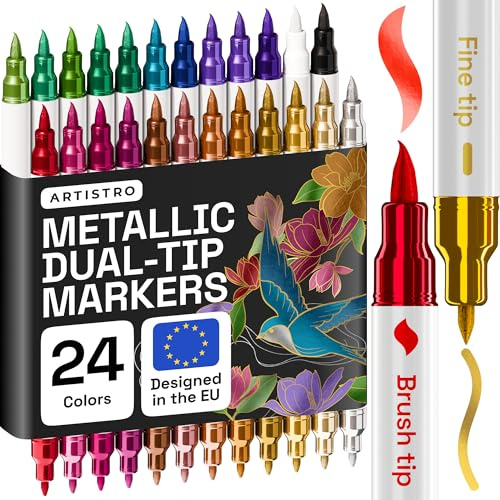 ARTISTRO 24 Metallic Acrylic Paint Pens – Dual Tip (Brush & Fine) Markers for Fabric, Canvas, Rock, Glass, Wood – Calligraphy, Scrapbook Supplies DIY & Gift for Kids, Teens - Art Set