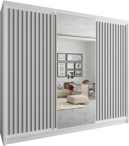 FURNITUREWAVE Royyaal Large Wardrobe with 2 and 3 Sliding Doors Drawers, Hanging Rods & Storage Shelves Storage Cabinet Comes in 3 Space Saving sizes for Bedroom (White, 250cm)