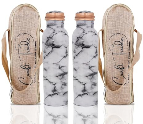 Craft Trade Pack of 2 Printed Copper Water Bottle Pure Copper Bottle with Lid and Carry Bag Leak Proof BPA Free Drinking Bottle for Sport Fitness and Yoga - 1 Litre White