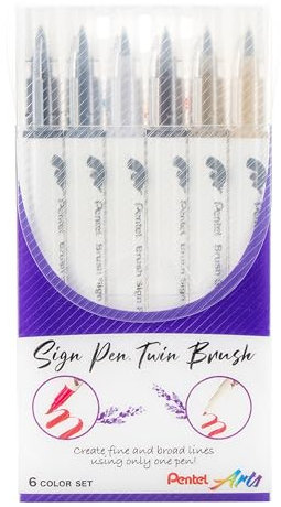 Pentel Arts Sign Pen Twin Brush, Pack of 6 Pens, Black Hues (SESW30CPC6-1)