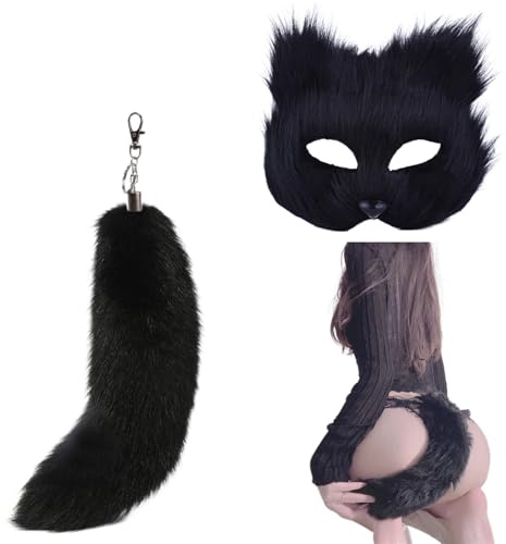 'Will Like Terian Tail Therian Mask kattmask räv mask furry tail halvansikte maskerad mask för cosplay ovanlig fest svart (mask och svans)