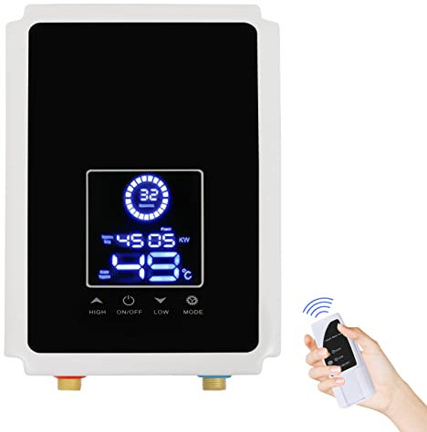 WindWilder Chauffe-eau électrique instantané sans réservoir 6500 W 220 V avec télécommande et écran tactile, 30-55 °C, mini chauffe-eau électronique pour salle de bain, cuisine, 32 x 22 x 7 cm