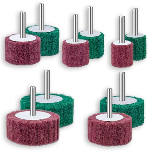 FEIHU 10-teilige Schleifscheiben, verschiedene Größen: 60/50/40/30/25mm. Schleifmop-Set, Vlies-Schleifscheiben zum Reinigen und Entfernen von Farbe und Oxid, Fächerschleifer Schaftdurchmesser: 6 mm