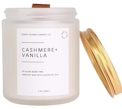 Crackling Wood Wick Vanilla Cashmere Scented Candle Natural Soy Wax 50 hrs Long Lasting Hand-Poured Highly Scented Crackle Wooden Wick Soothing Sound