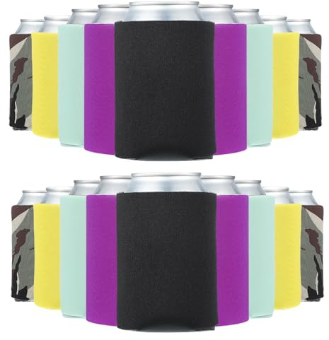 PATIKIL Fundas Enfriadoras Para Latas De Cerveza En Blanco, 50 Piezas Fundas Colapsables A Granel Para Botellas De 10 Onzas, Cubierta Aislante De Espuma,Negro/Camuflaje/Amarillo/Verde/Rosa