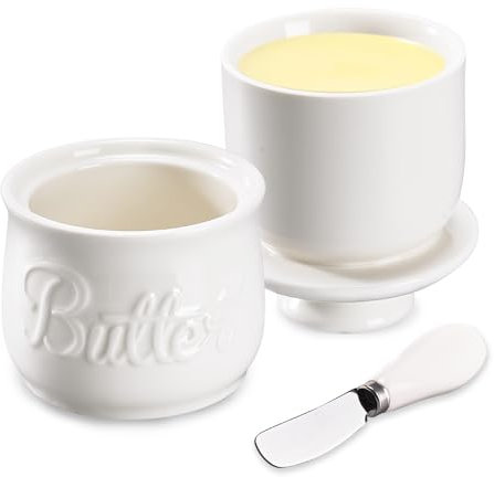 Porta Burro in Ceramica, Burriera in Porcellana con Coperchio e Coltello, Contenitore per Burro Spalmabile con Linea d’Acqua , Portaburro Francese per Morbido e Fresco