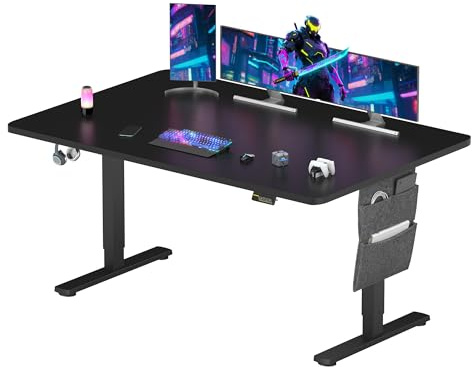 SANODESK Bureau Gaming Réglable en Hauteur 160x60 cm, Bureau Assis Debout, Table Électrique Contrôle à Fonctions Mémoires avec Crochet, Noir