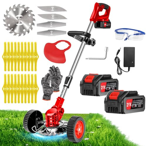 Decespugliatore a Batteria 21V Tagliabordi a Batteria, Tagliabordi Elettrico con 2 4.0Ah Batterie e 4 Tipi di Lame, Ruote Rimovibili, Decespugliatori da Giardino Altezza Regolabile per Prati, Arbusti