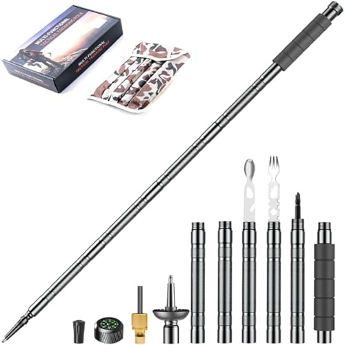 Trekking Pole Tactical Walking Stick, Multifunctional Lightweight Aluminum Collapsible Survival Hiking Pole with Storage Bag for Women Men Seniors Camping Backpacking (6-Section Gray Handle)