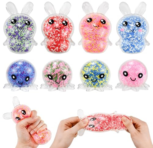 Kleemeiero 8 Stück Stressball 4 Stück Octopus Stressball + 4 Stück Kaninchen Antistressball Squishy Anti Stress Bälle Knautschball mit Wasse Perlen Stressabbau Spielzeug für Erwachsene