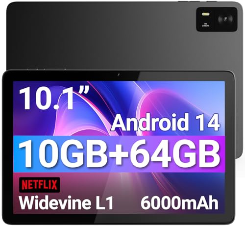 DigiLand Android 14 Tableta de 10.1 Pulgadas,10 GB de RAM,64 GB de ROM, Tarjeta TF expandible, procesador Octa-Core,Pantalla táctil IPS HD de 1280 * 800,WiFi 5G/2.4G,cámara Dual,batería de 6000 mAh