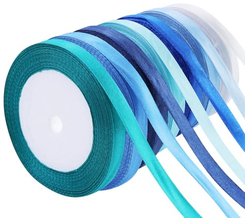 Geschenkband Blau 10mm x 22m Satinband 7 Farben Schleifenband Polyester Bänder zum Basteln Dekoband für Luftballons Hochzeit Deko Geschenkverpackung Geburtstag DIY(Blaue Serie)