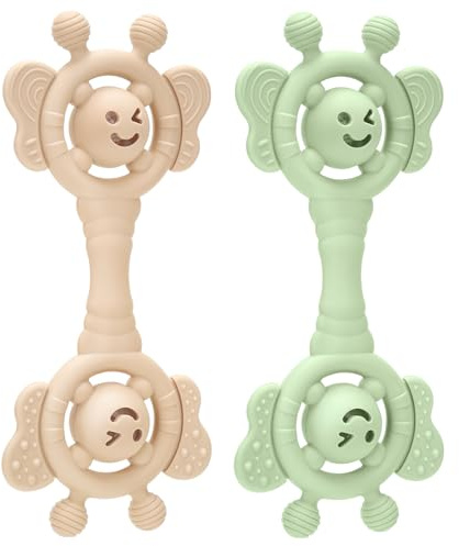 CLDY Baby Sensory Teether & Rattle - Teething Toys for Babies 3+ Months, Grasp Toy with Textured Silicone, Beige & Green Newborn Shower Gifts, BPA Free for Baby Teething Relief (2 Pack)
