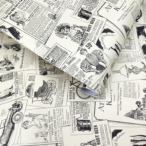ESSMOKO Retro alte Zeitung im britischen Stil selbstklebende PVC Tapete Wohnheim Dekoration Hintergrundwand Kaffeehaus nostalgische Aufkleber Retro Zeitung 45 * 600cm