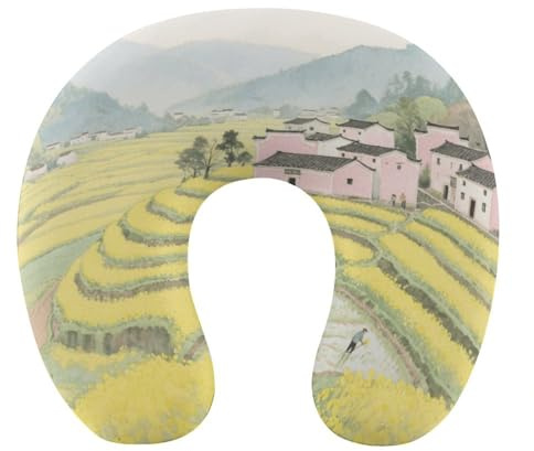 PNHDGBO Travel Pillow Memory Foam - Head and Neck Support Rapeseed Terraces Printed Travel Neck Pillow Suitable for Travel Car Home Office and Other Occasions Washable