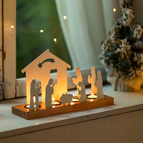 Inweder Crèche de Noël Bougeoir: Nativité Blanche avec Socle en Bois Supports pour Bougies Chauffe-Plat pour Décoration Intétieure Table Festival Cheminée Cadeaux pour Chrétiens Noël Avent