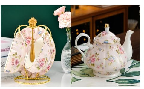 Set da tè in porcellana Bone China, set pomeridiano inglese, teiera, caffettiera in, 1, 2 tazze e piattini(Color08)