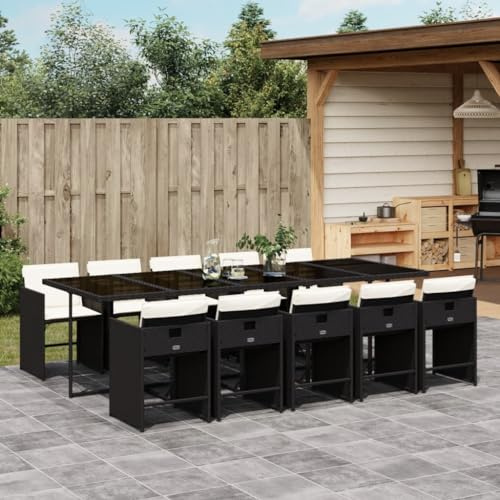 Frdhee Sofagarnitur Outdoor Lounge Möbel Sitzgarnitur Set,11 TLG. Garten Essgruppe mit Kissen Schwarz Poly Rattan,Für Garten,Balkon,Terasse,Kann Schnell Montiert Werden
