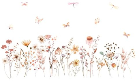 milaosk Wandtattoo Blumen Boho Wandsticker Wildblumen Schmetterlinge Libellen Wandbilder Tattoos Wandaufkleber für Schlafzimmer Wohnzimmer Sofa Hintergrund Kinderzimmer Möbel Wanddeko